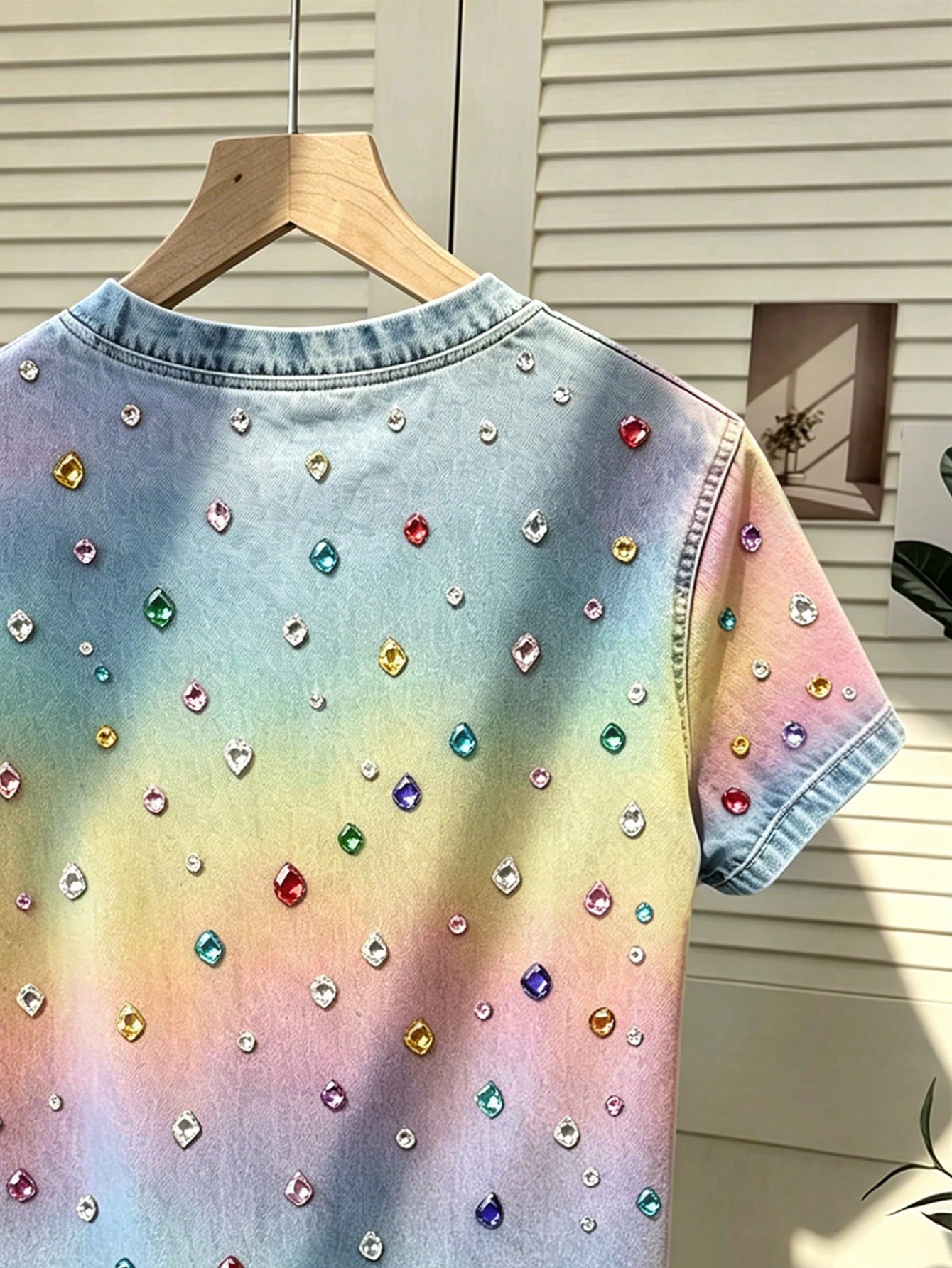 Women's Rhinestone Round Neck Short Sleeve T-Shirt Blue-Yellow Korean Style