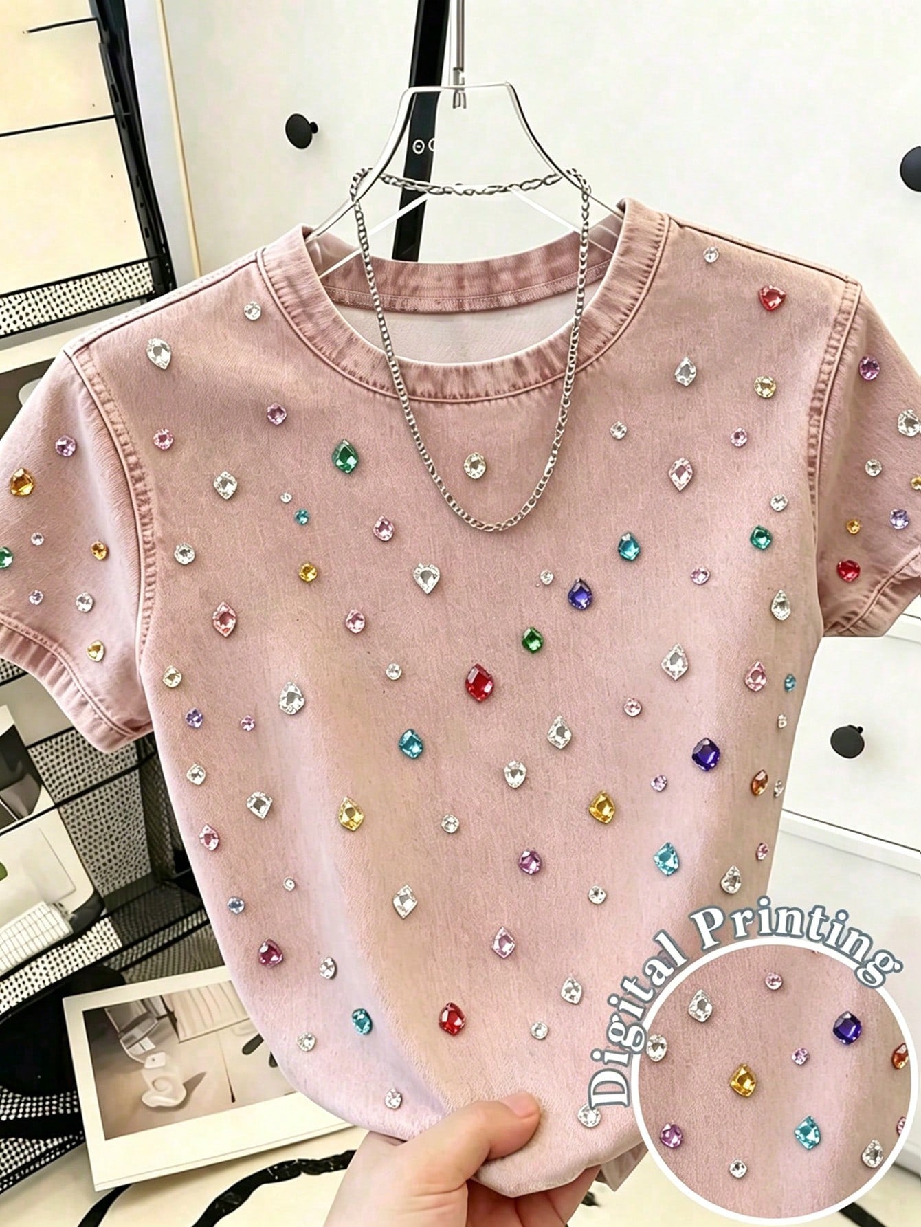 Resyla Women's Colorful Rhinestone Pattern Short Sleeve Round Neck T-Shirt