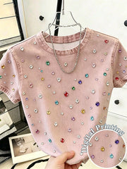 Resyla Women's Colorful Rhinestone Pattern Short Sleeve Round Neck T-Shirt