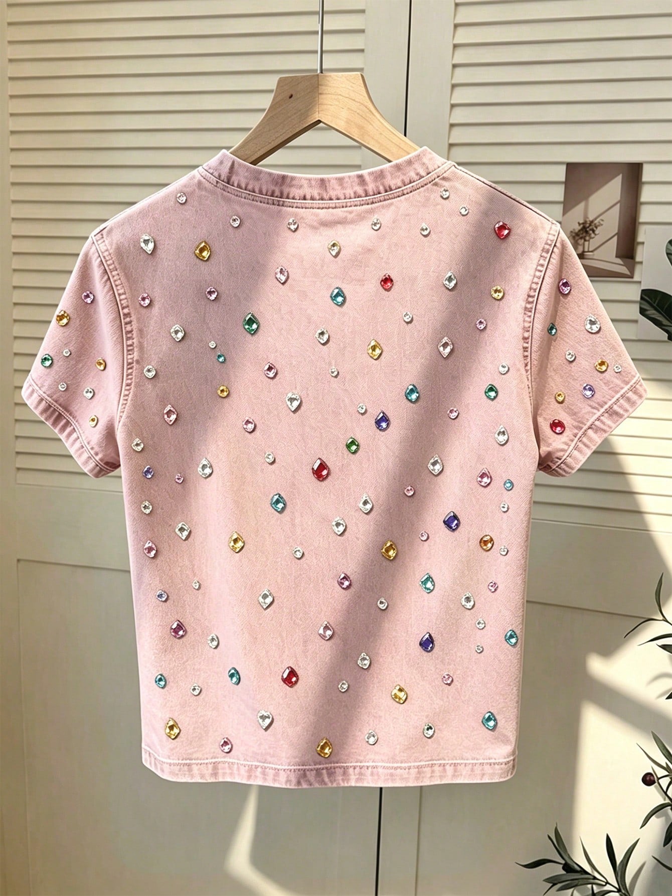 Resyla Women's Colorful Rhinestone Pattern Short Sleeve Round Neck T-Shirt