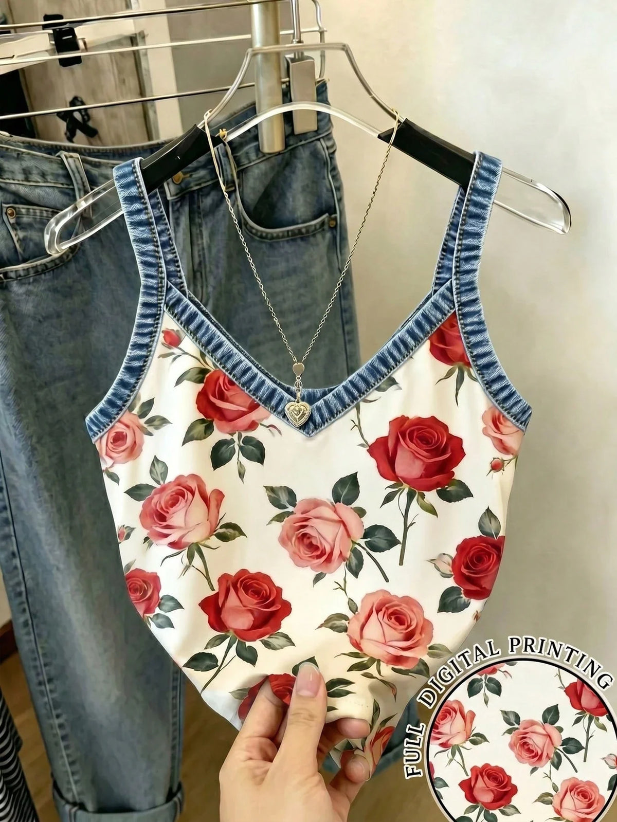 Women's Floral Print Colorblock Micro Crop Cami Top