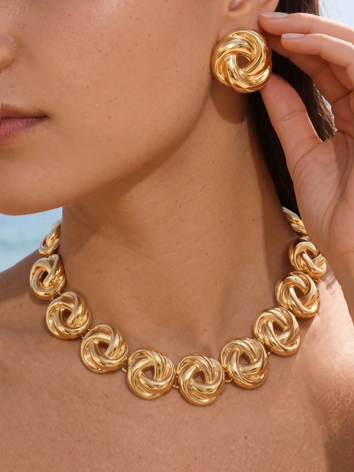 Women's Elegant Gold Twisted Knot Choker Necklace and Earring Set