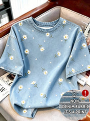Women's Retro Daisy Floral Print Round Neck Short Sleeve T-Shirt