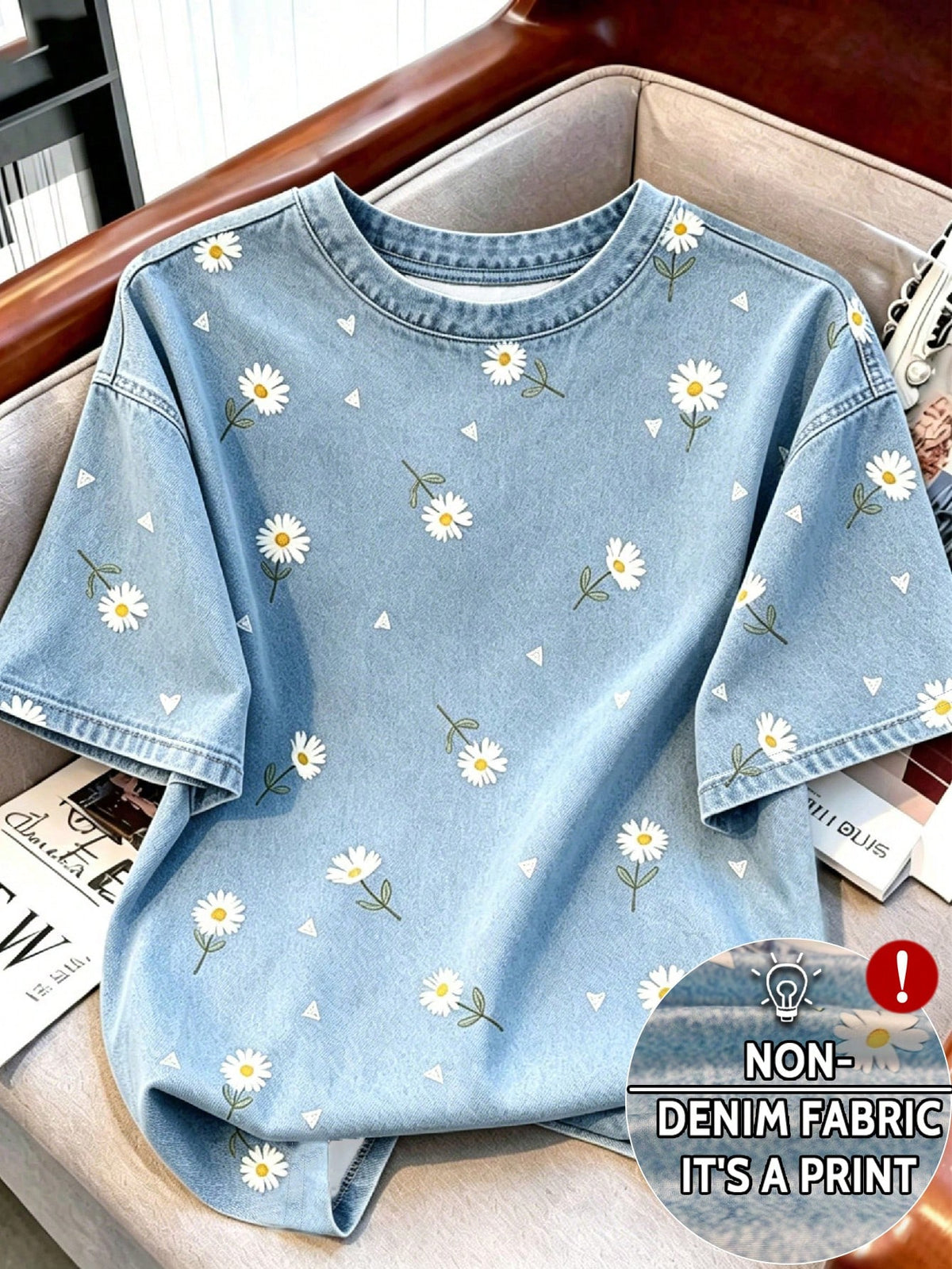 Women's Retro Daisy Floral Print Round Neck Short Sleeve T-Shirt