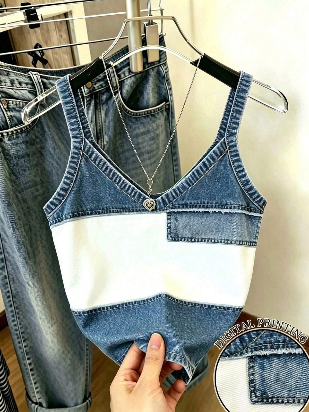 Women's Casual Denim Print Patchwork Tank Top