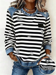 Women's Casual Striped Patchwork Long-Sleeve T-Shirt
