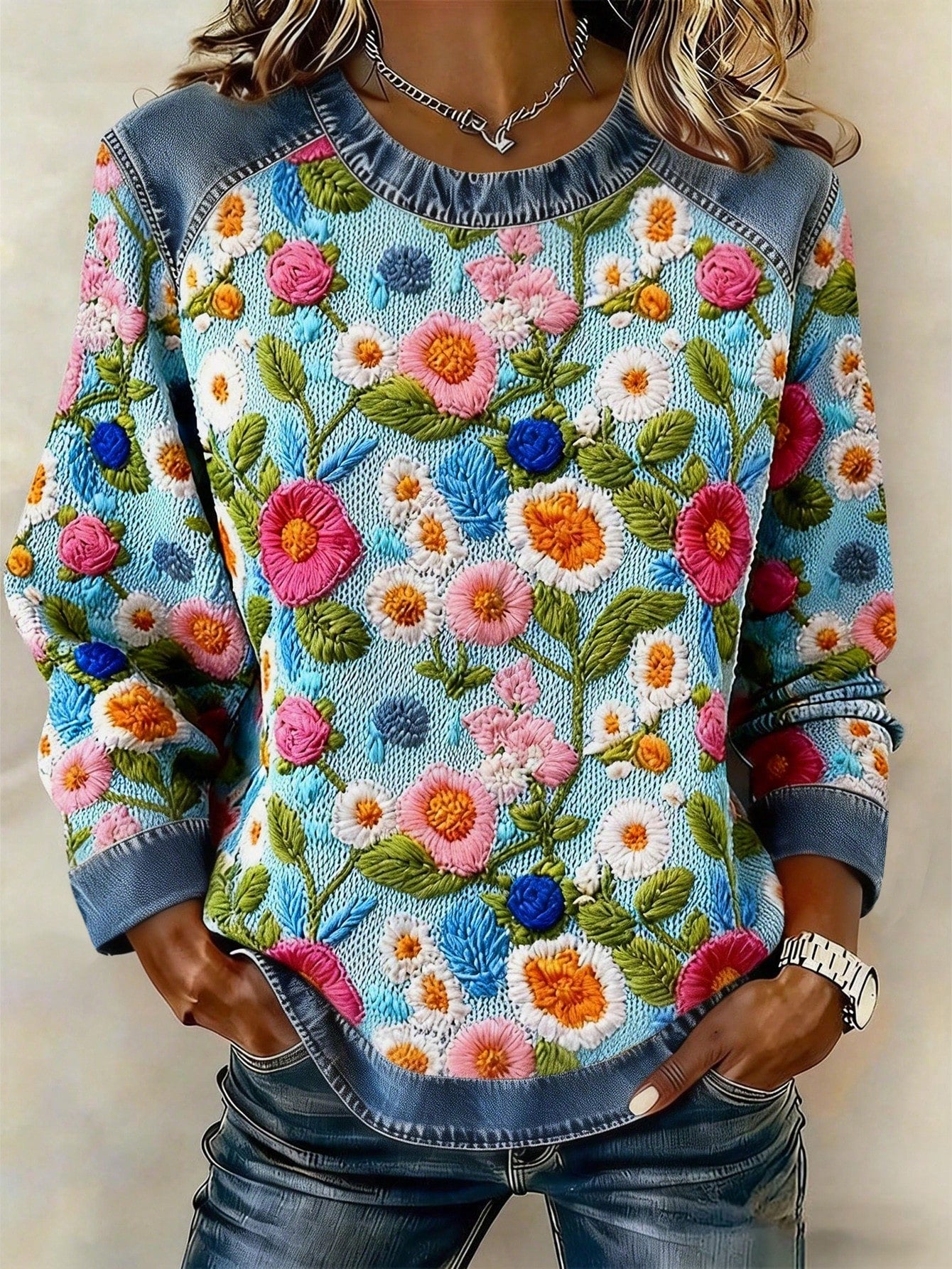 Women's Casual Floral Print Raglan Long Sleeve T-Shirt