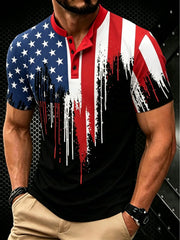 Men's Casual Flag Print Henley Button Short Sleeve T-Shirt