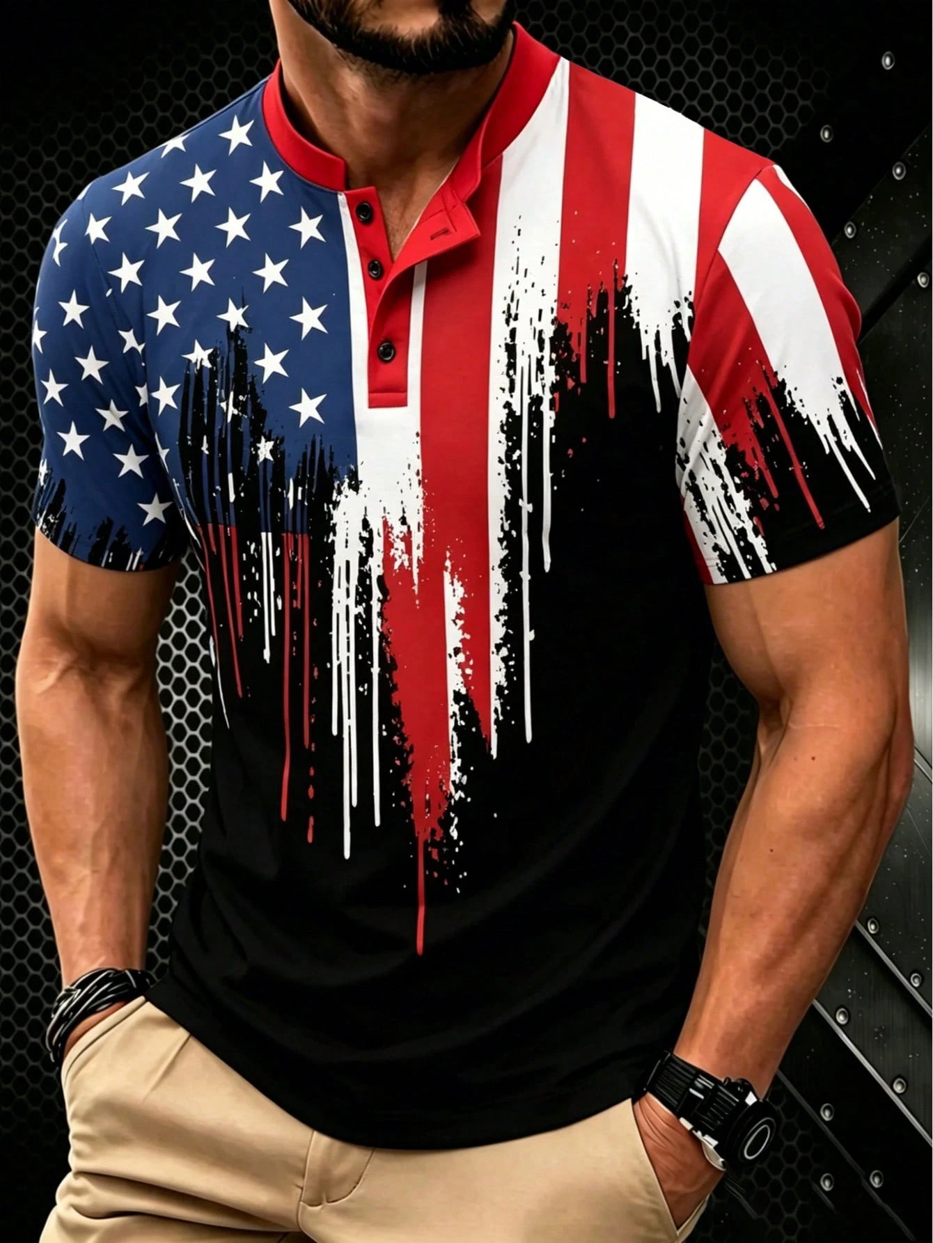Men's Casual Flag Print Henley Button Short Sleeve T-Shirt
