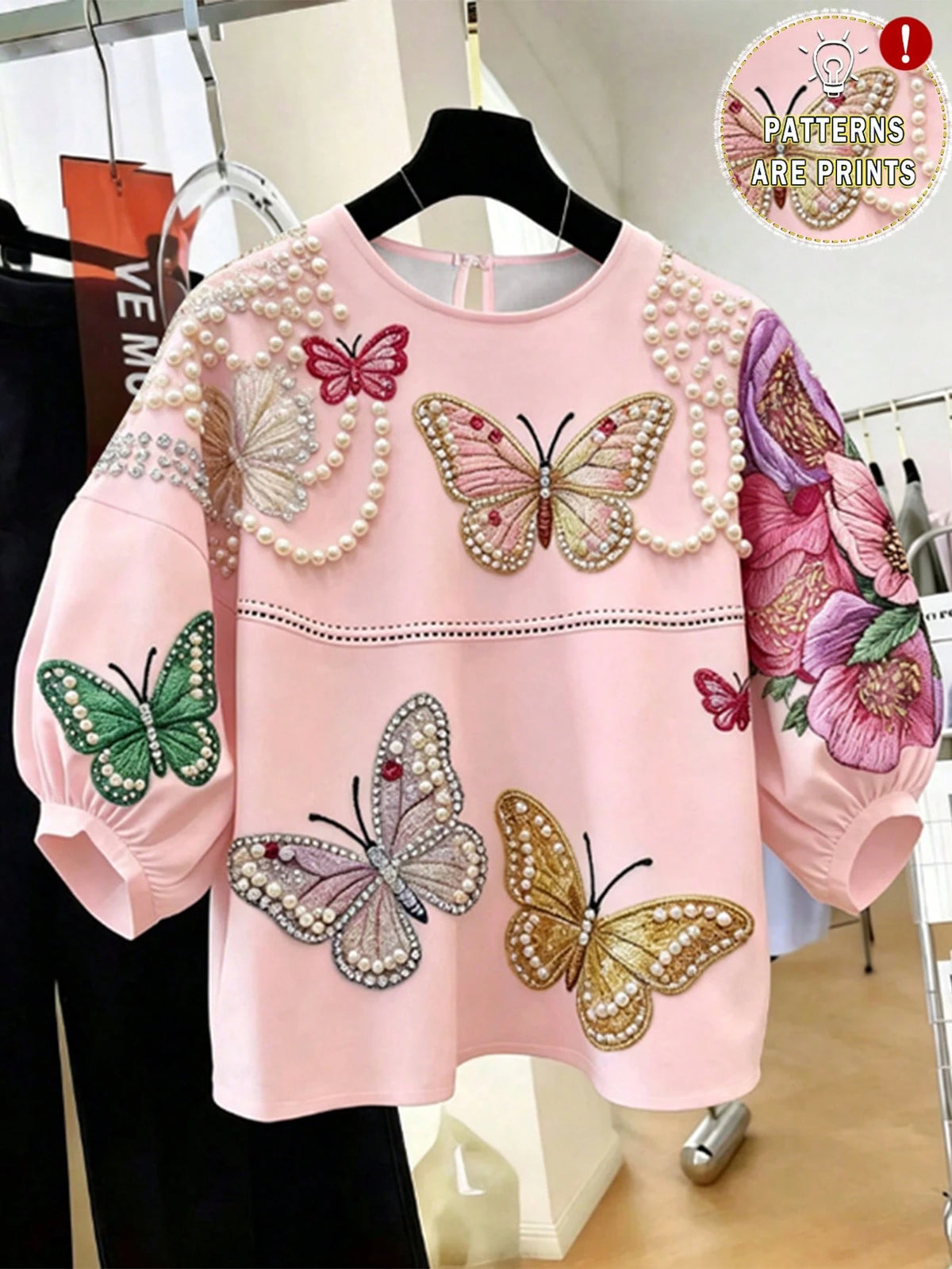 Women's Casual Round Neck Butterfly Faux Pearl Embroidered Blouse Top
