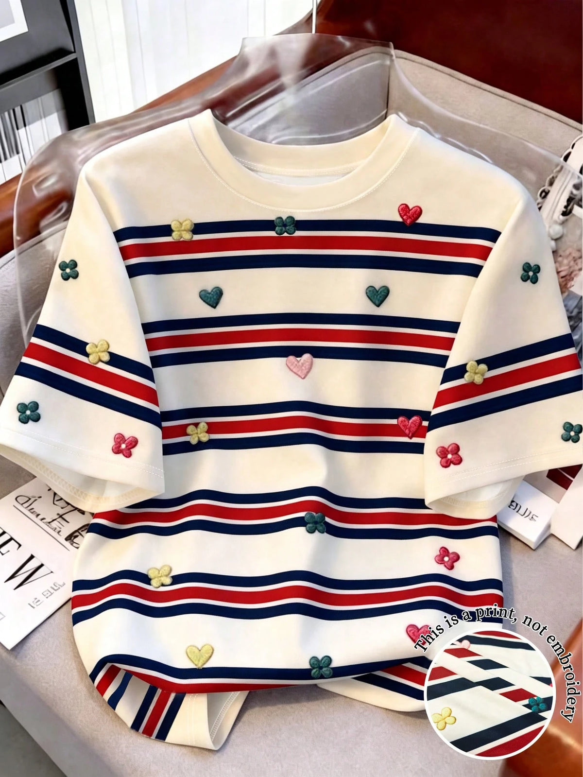 Women's Cream Cute Print Round Neck Short Sleeve T-Shirt
