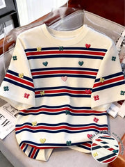 Women's Cream Cute Print Round Neck Short Sleeve T-Shirt