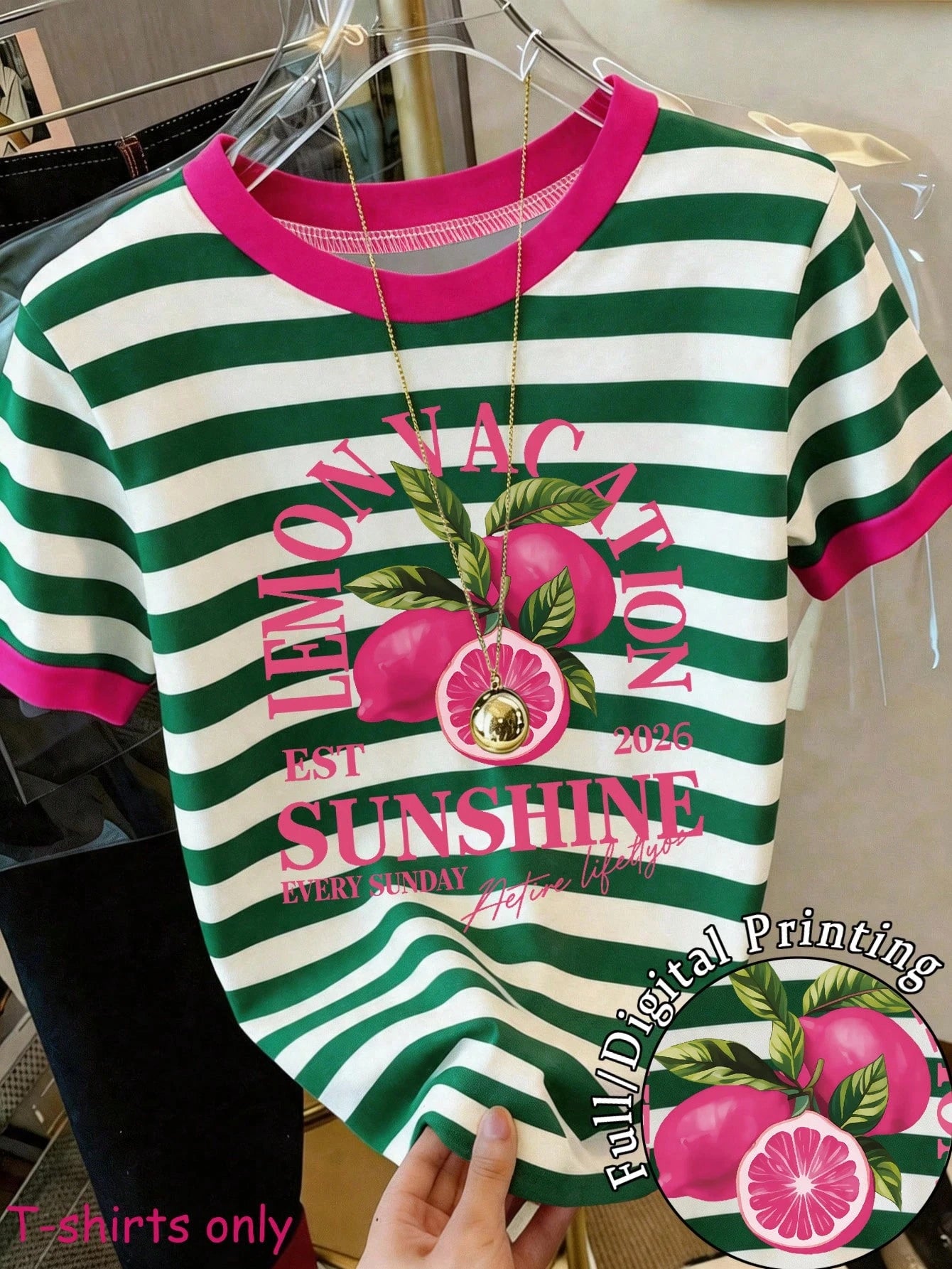 Women's Lemon Letter Striped Casual Short Sleeve T-Shirt