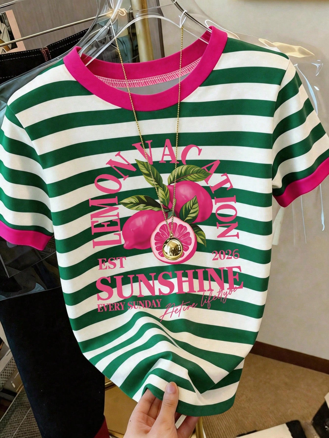 Women's Lemon Letter Striped Casual Short Sleeve T-Shirt