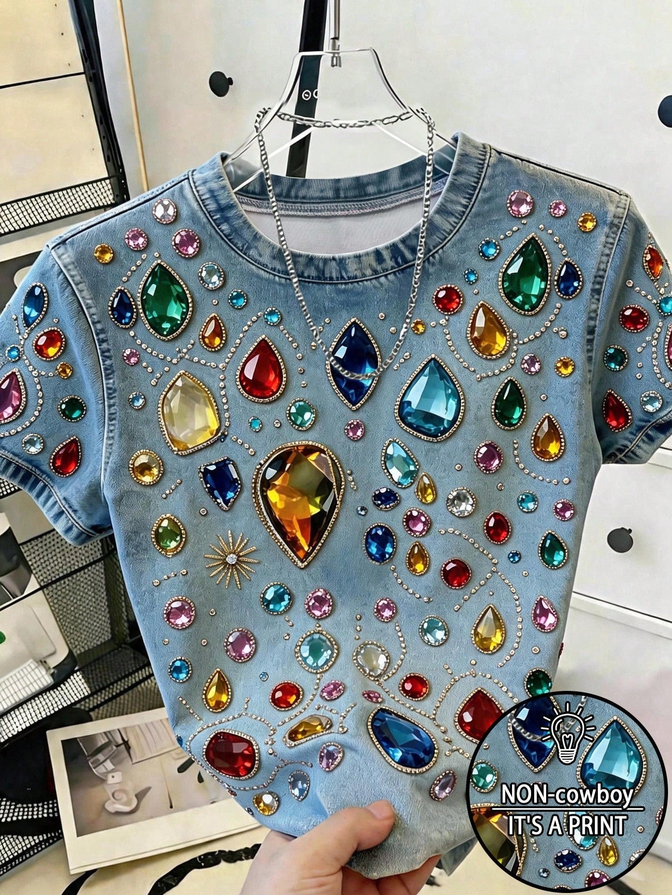 Resyla Casual Denim Effect Rhinestone Print T-Shirt Women's Multicolor