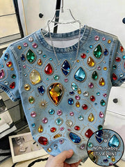 Resyla Casual Denim Effect Rhinestone Print T-Shirt Women's Multicolor