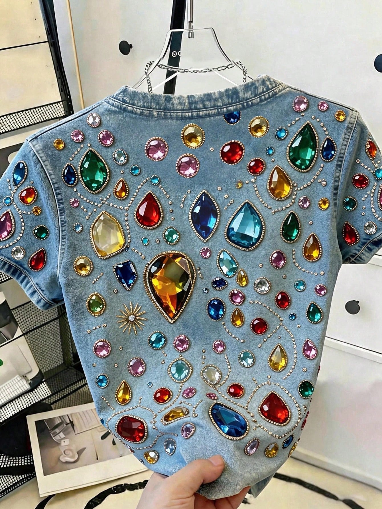 Resyla Casual Denim Effect Rhinestone Print T-Shirt Women's Multicolor