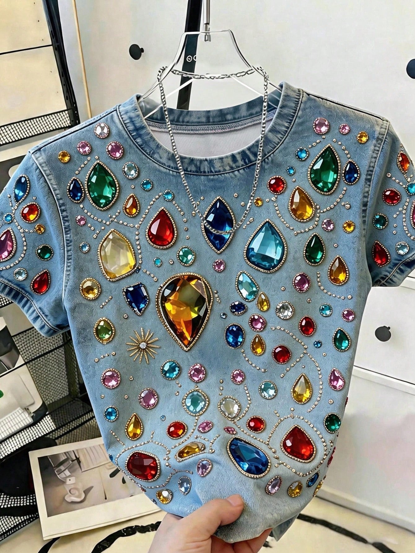 Resyla Casual Denim Effect Rhinestone Print T-Shirt Women's Multicolor