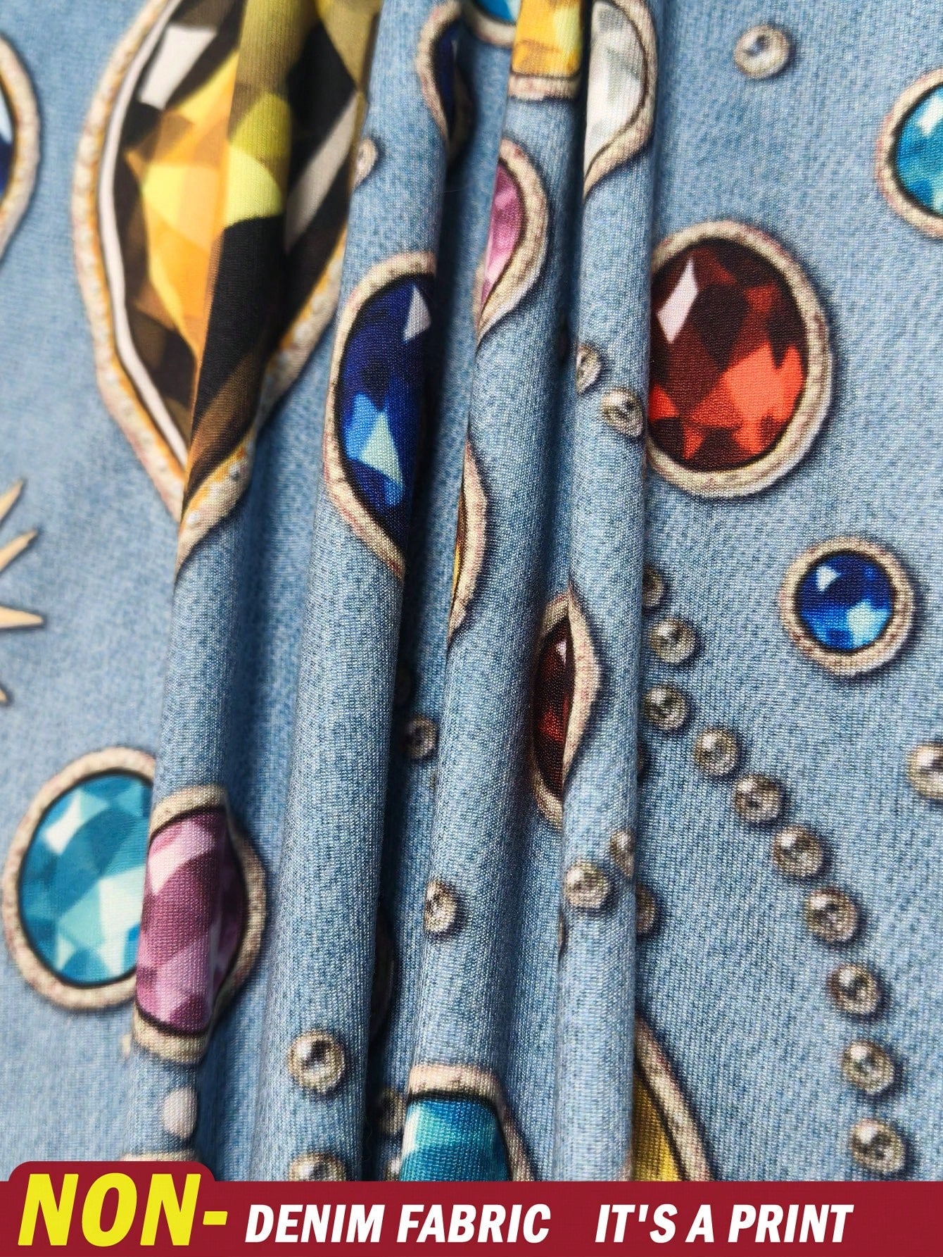 Resyla Casual Denim Effect Rhinestone Print T-Shirt Women's Multicolor