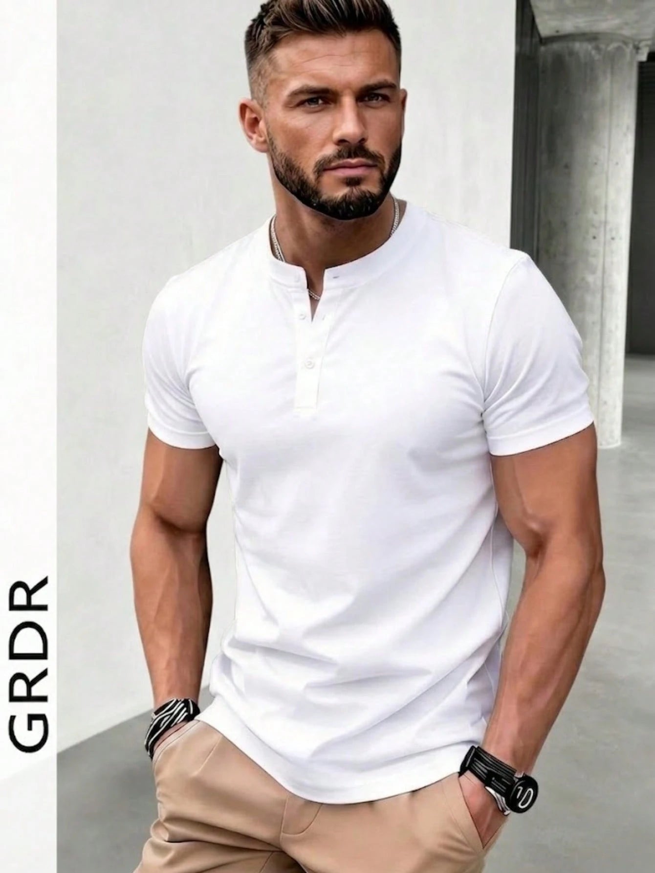 GRDR Men's Henley Shirt Short Sleeve Solid Color Casual Top
