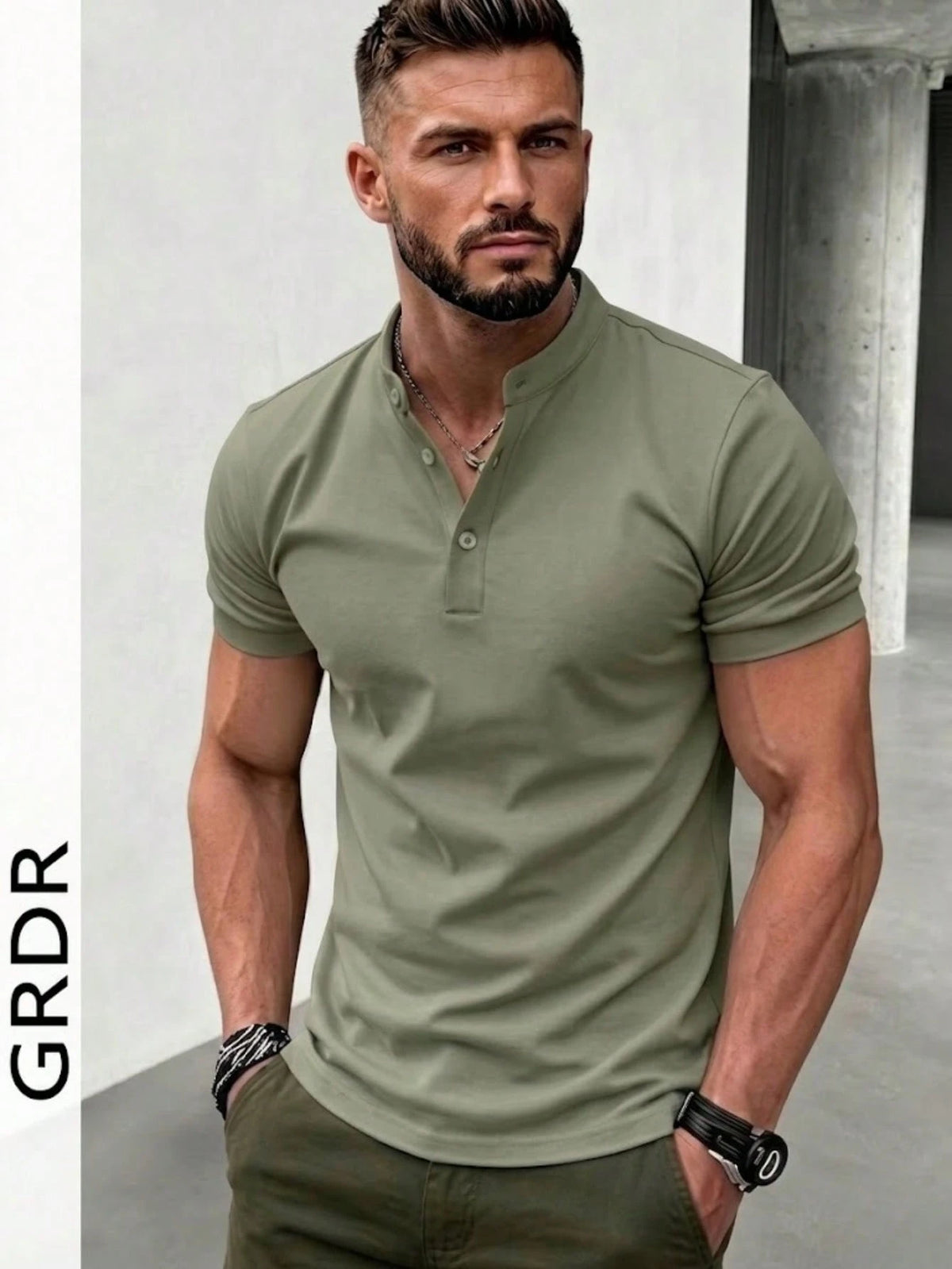 Men's Classic Solid Color Henley Collar Short Sleeve T-Shirt Olive Green