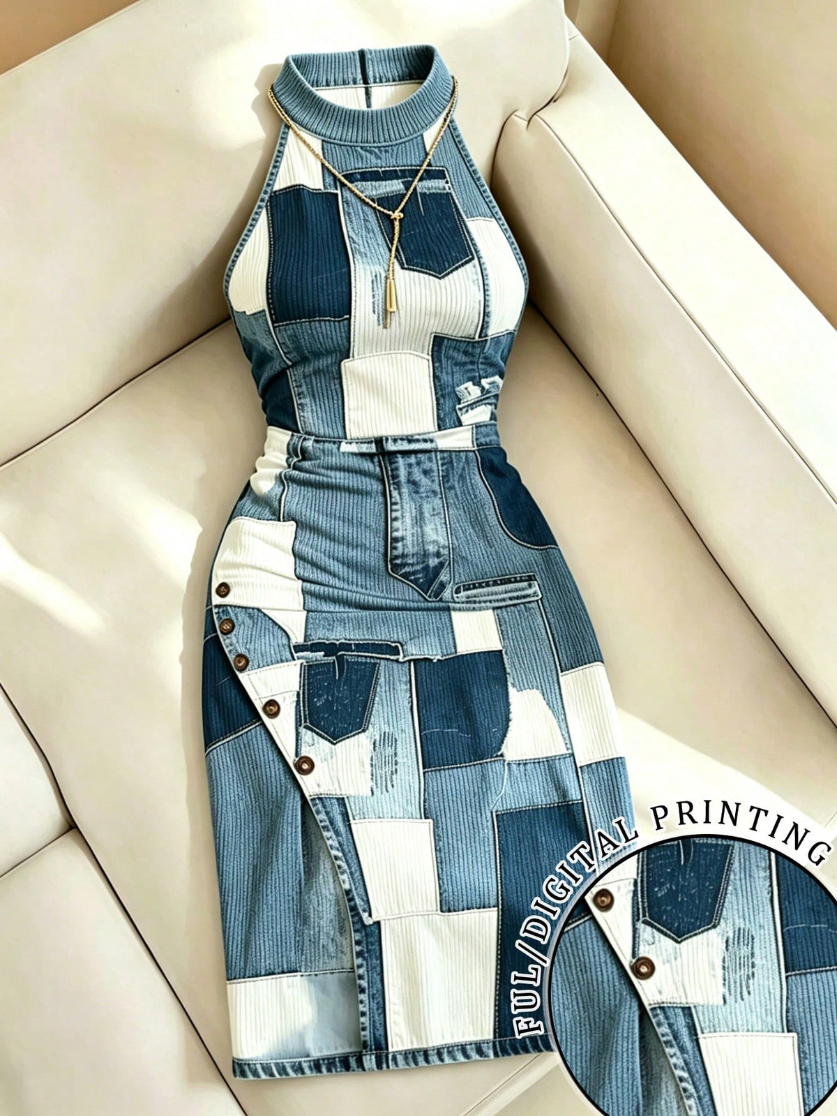 Women's Plus Size Denim Effect Split Hem Dress