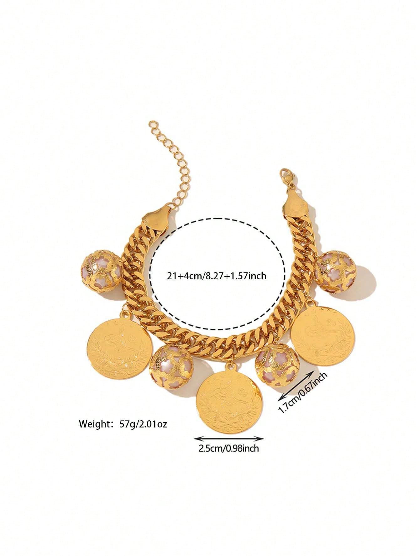 Women's Vintage Coin & Bell Charm Thick Cuban Chain Bracelet