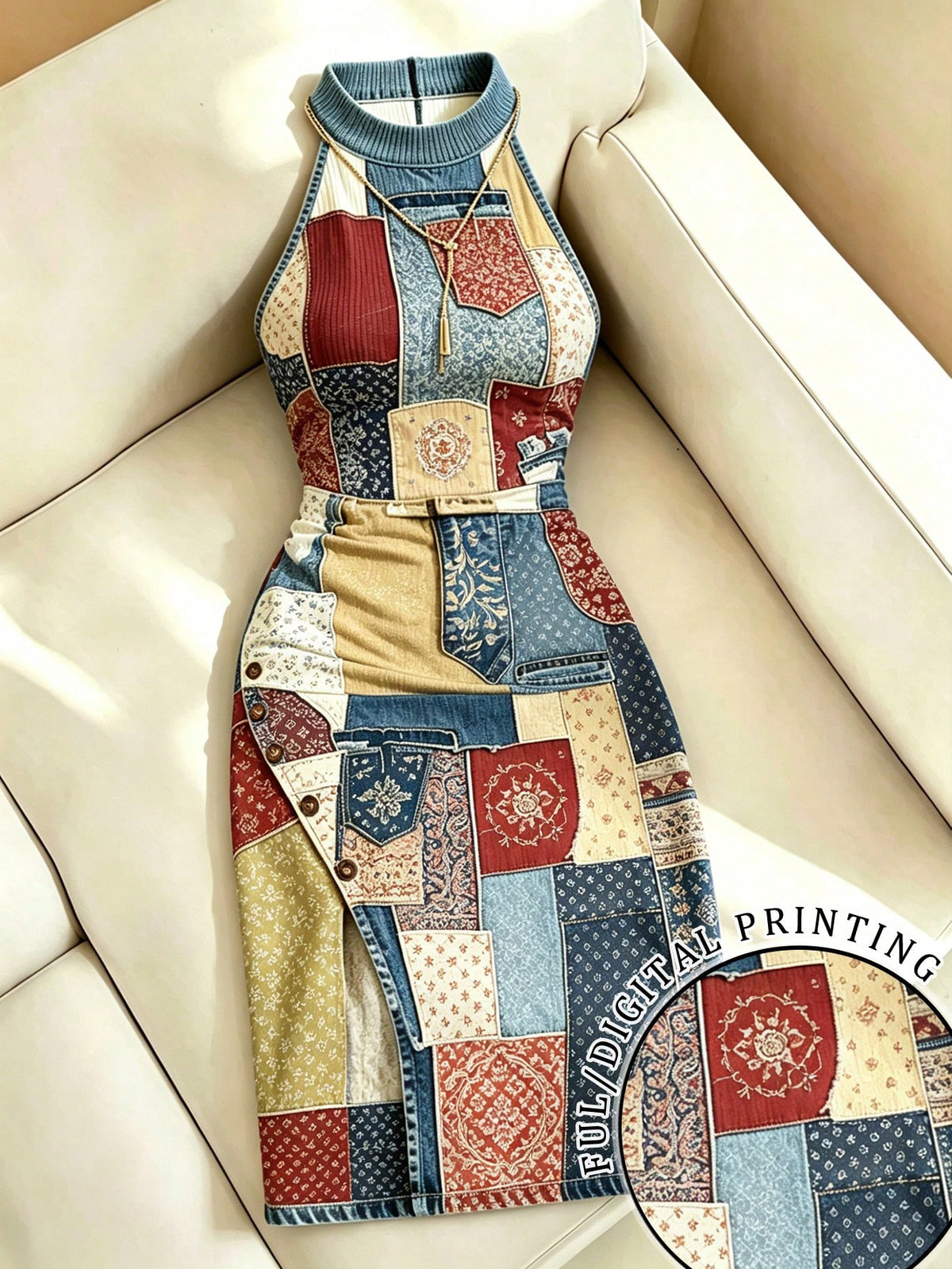 Women's Halter Neck All-Over Print Ruched Mini Dress