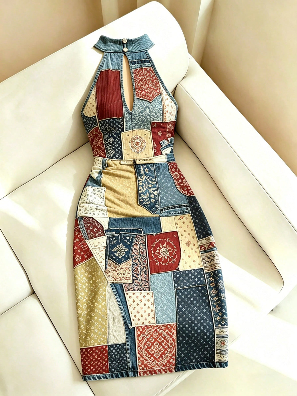 Women's Halter Neck All-Over Print Ruched Mini Dress