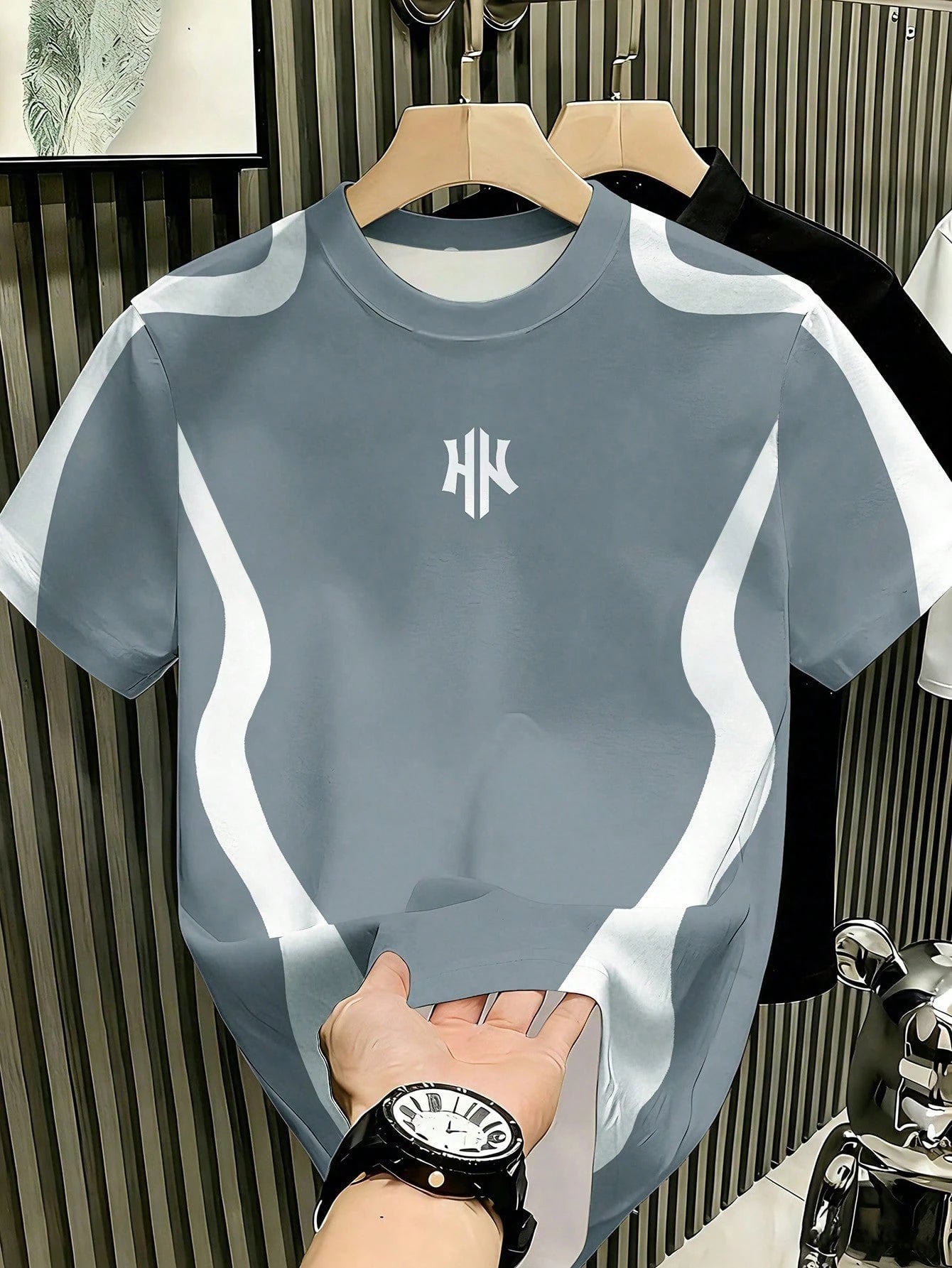 Men's Asymmetrical Colorblock Letter Print Round Neck Short Sleeve T-Shirt