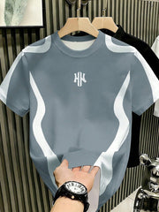 Men's Asymmetrical Colorblock Letter Print Round Neck Short Sleeve T-Shirt