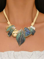 Women's Bohemian Green Leaf PU Leather Rope Necklace