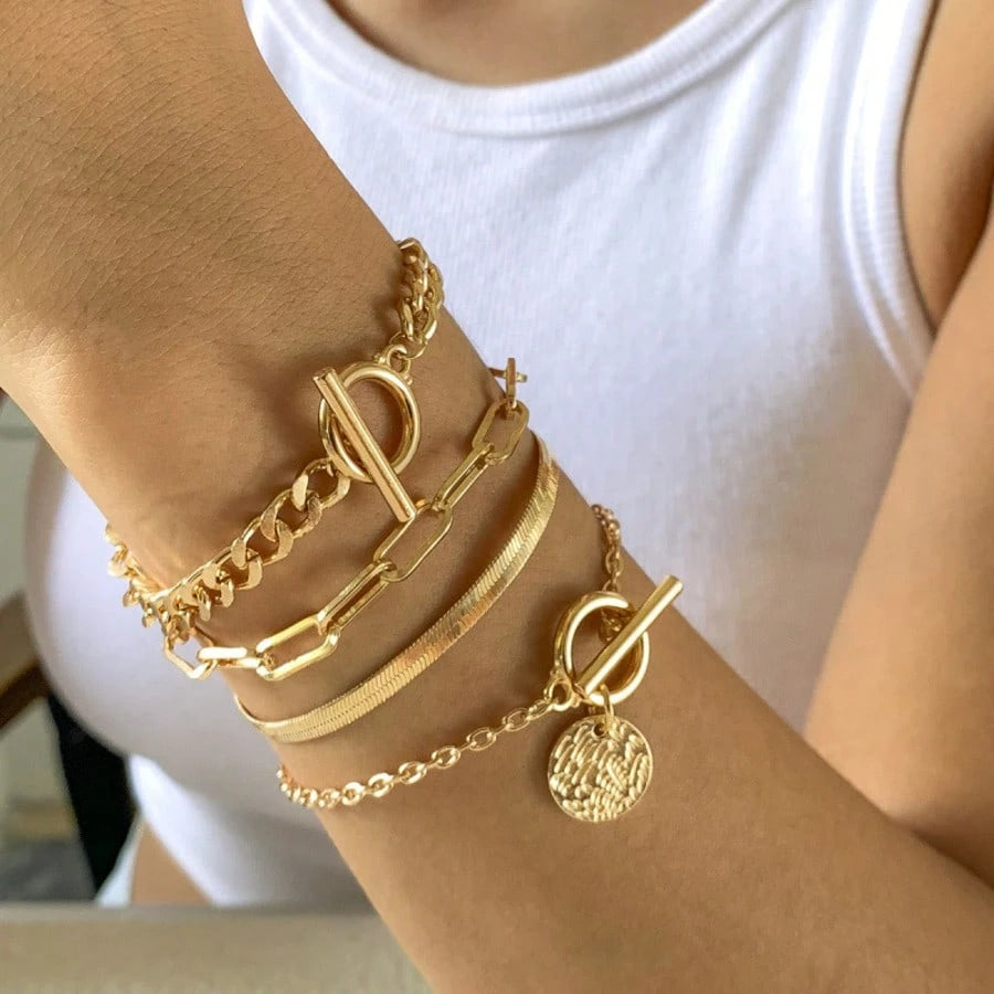 Women's Punk Gold Metal Snake Chain Bracelet Set