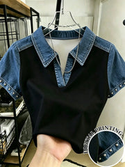Women's Retro Patchwork Rivet V-Neck Collared Short Sleeve T-Shirt