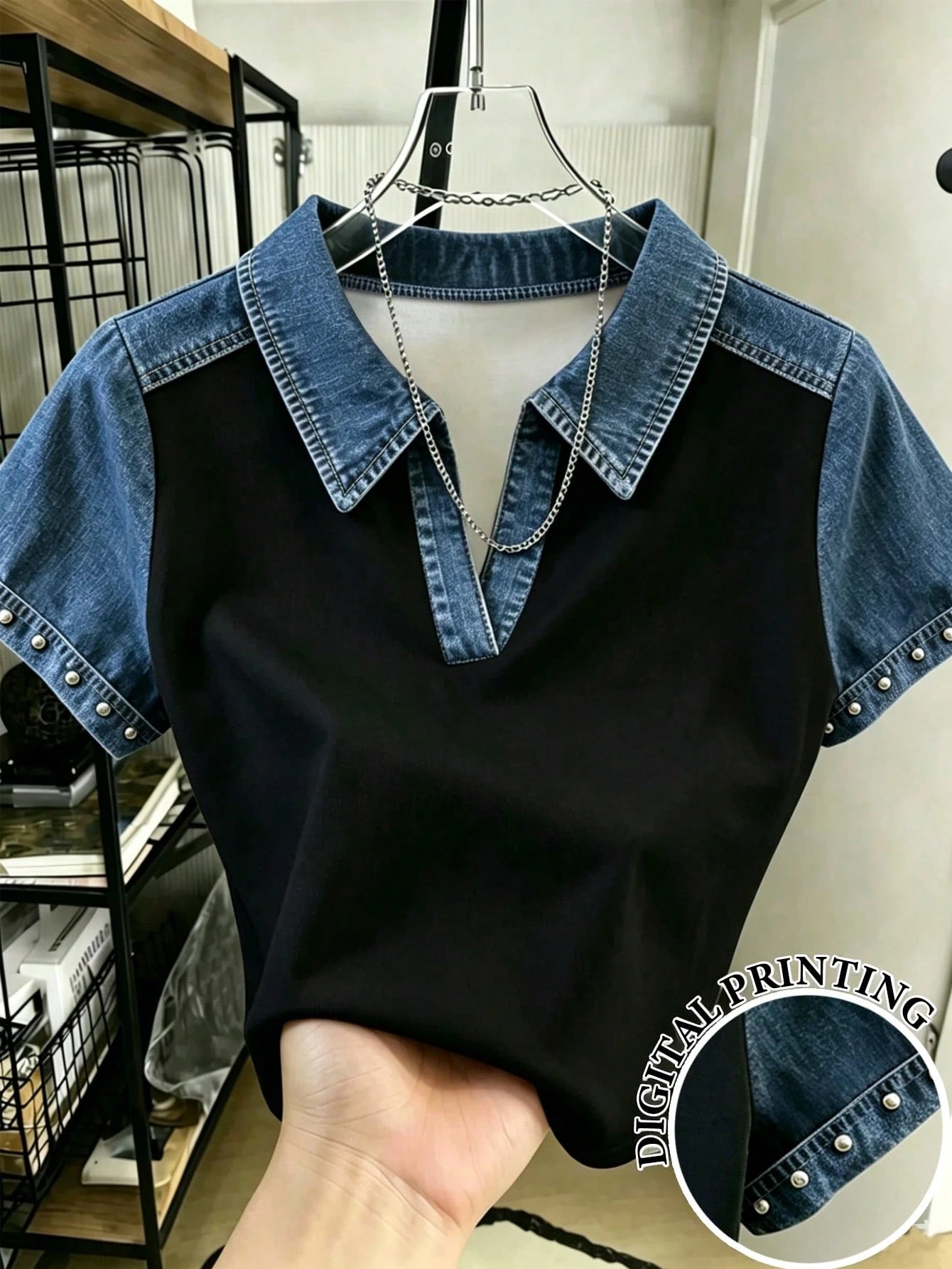 Women's Retro Patchwork Rivet V-Neck Collared Short Sleeve T-Shirt