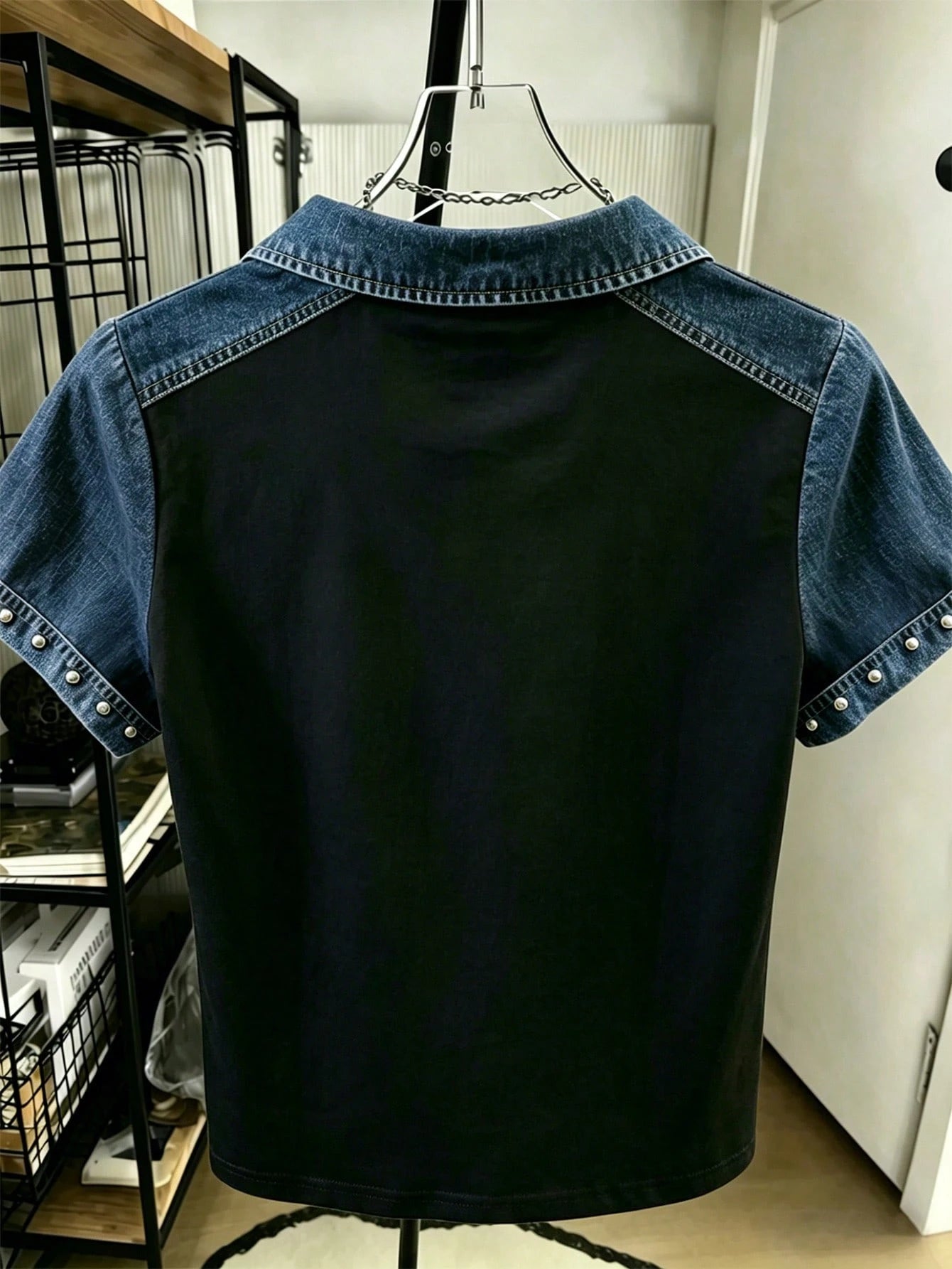 Women's Retro Patchwork Rivet V-Neck Collared Short Sleeve T-Shirt
