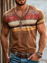 Men's Vintage Print Retro Striped V-Neck Short Sleeve T-Shirt