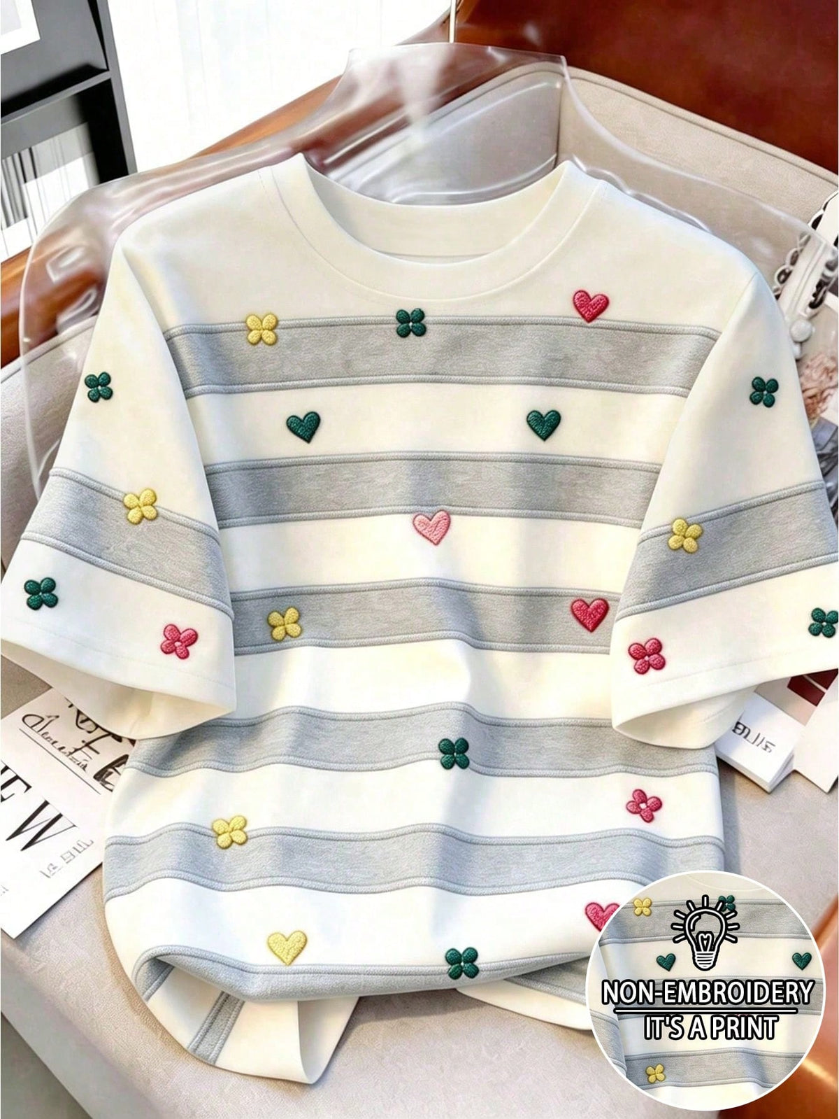Women's Striped Contrast Floral Print Round Neck T-Shirt