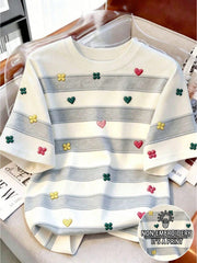 Women's Striped Contrast Floral Print Round Neck T-Shirt