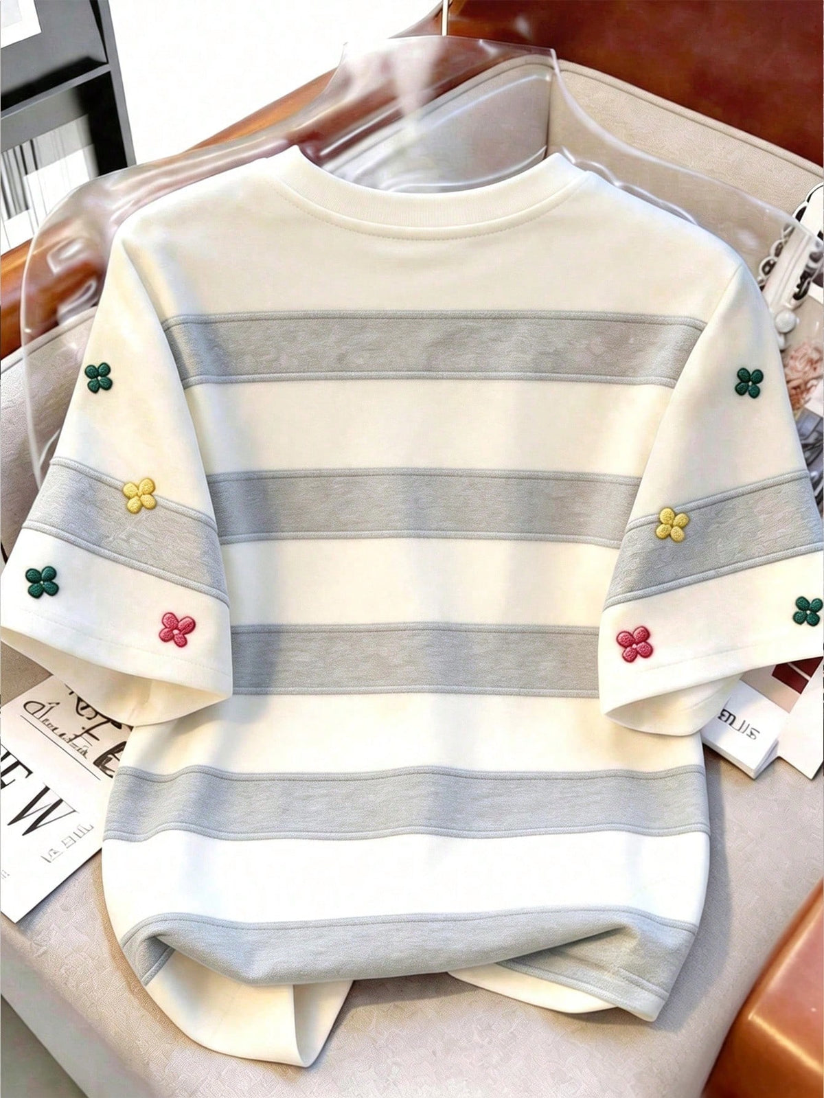 Women's Striped Contrast Floral Print Round Neck T-Shirt
