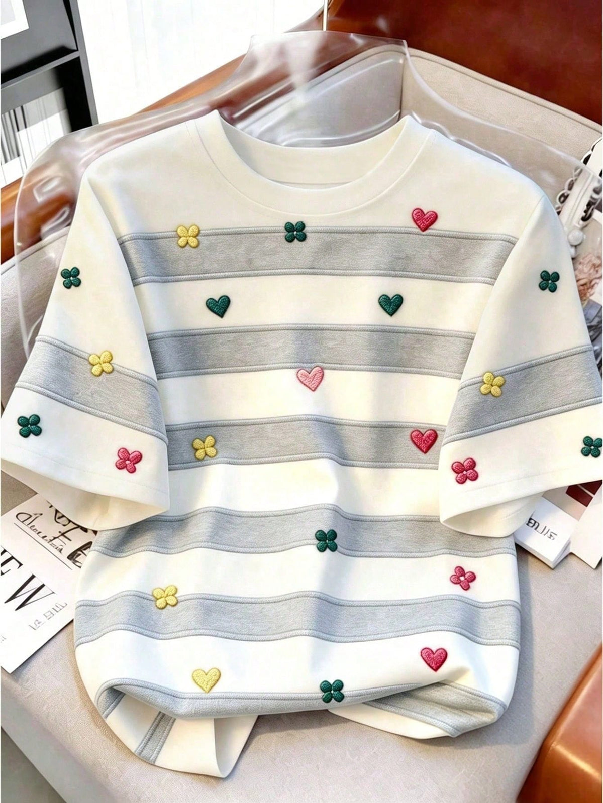 Women's Striped Contrast Floral Print Round Neck T-Shirt