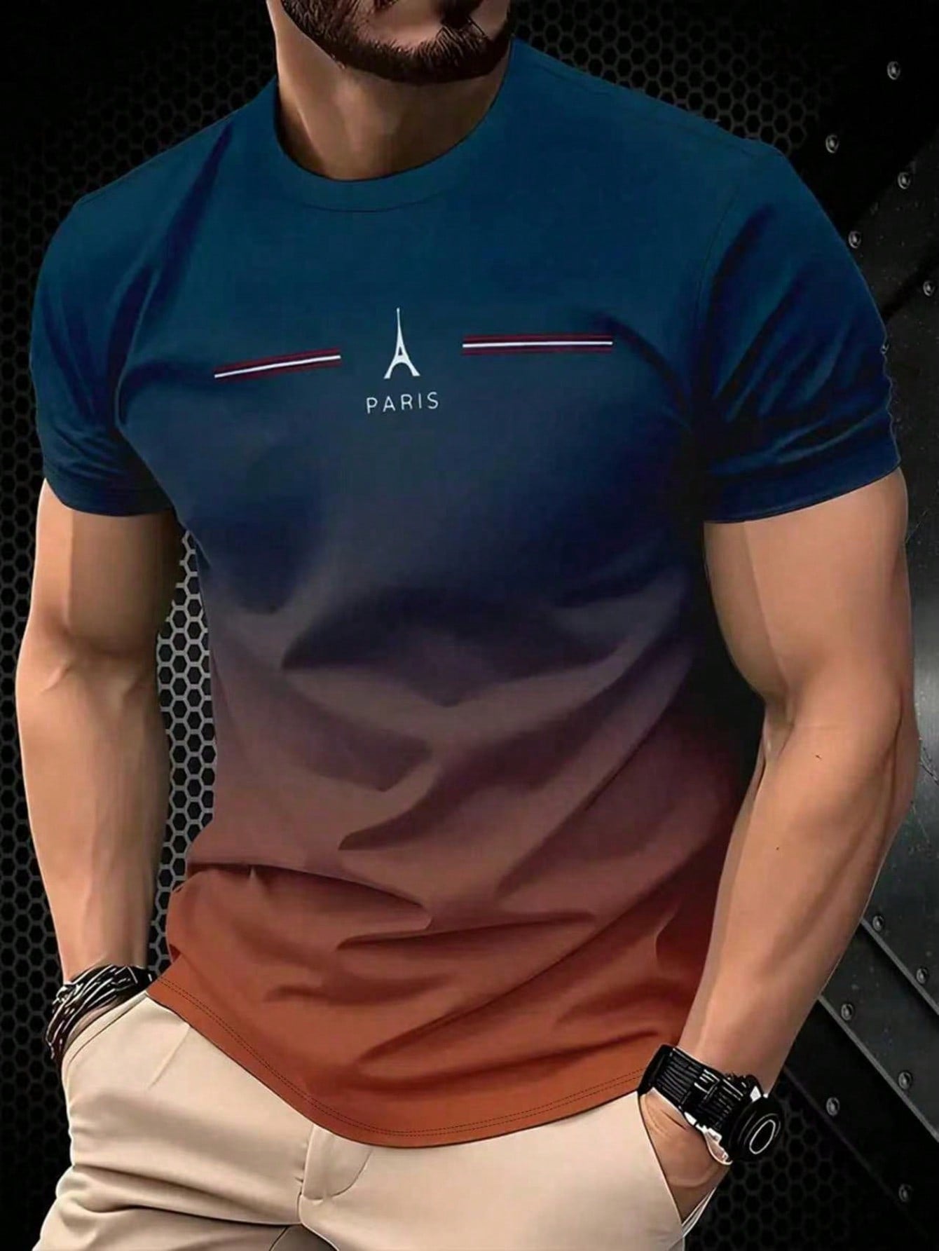 Men's Eiffel Tower 3D Print T-Shirt Short Sleeve Gradient Multicolor