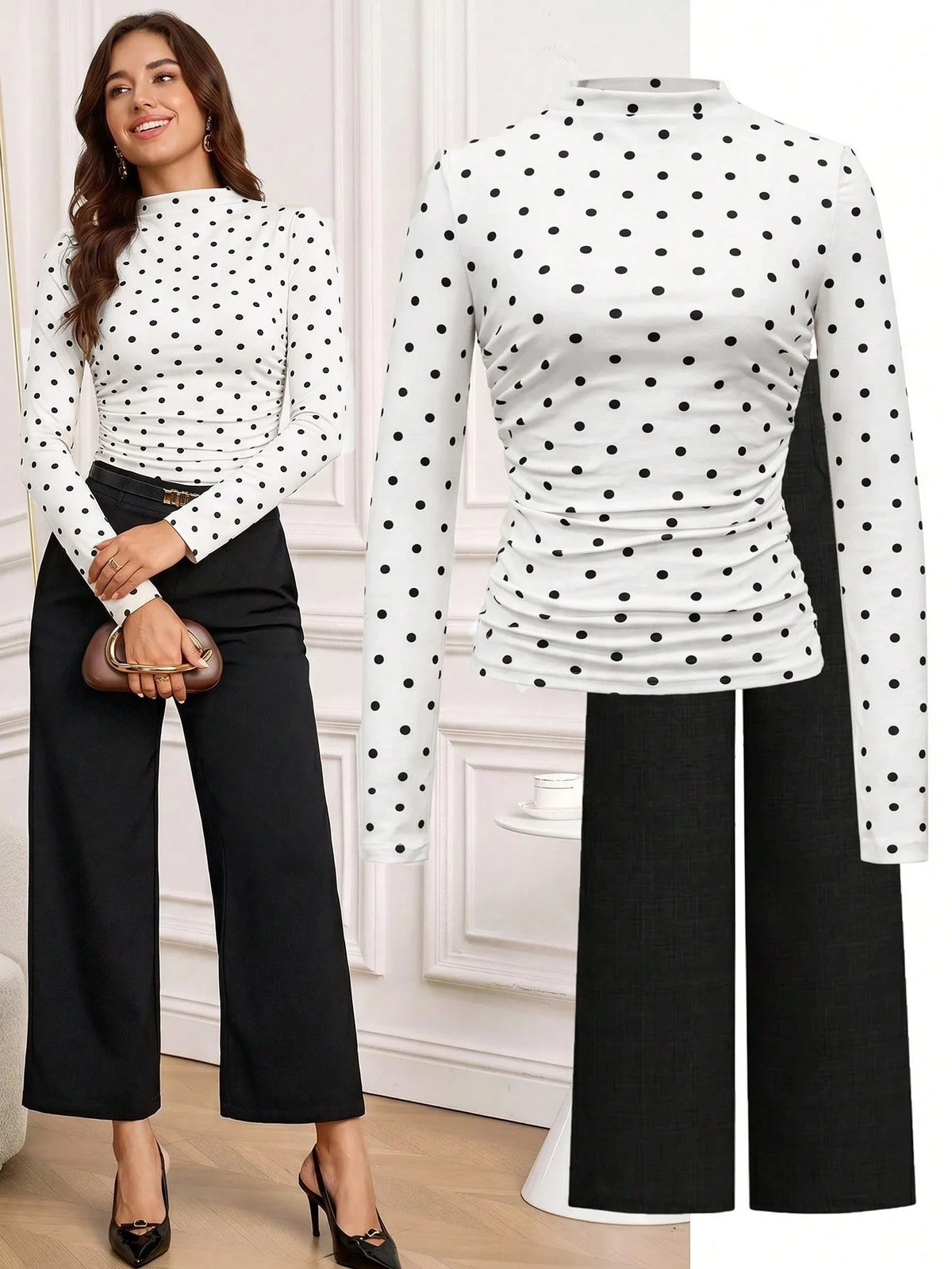 Women's Elegant Polka Dot Fitted Long Sleeve T-Shirt