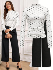 Women's Elegant Polka Dot Fitted Long Sleeve T-Shirt