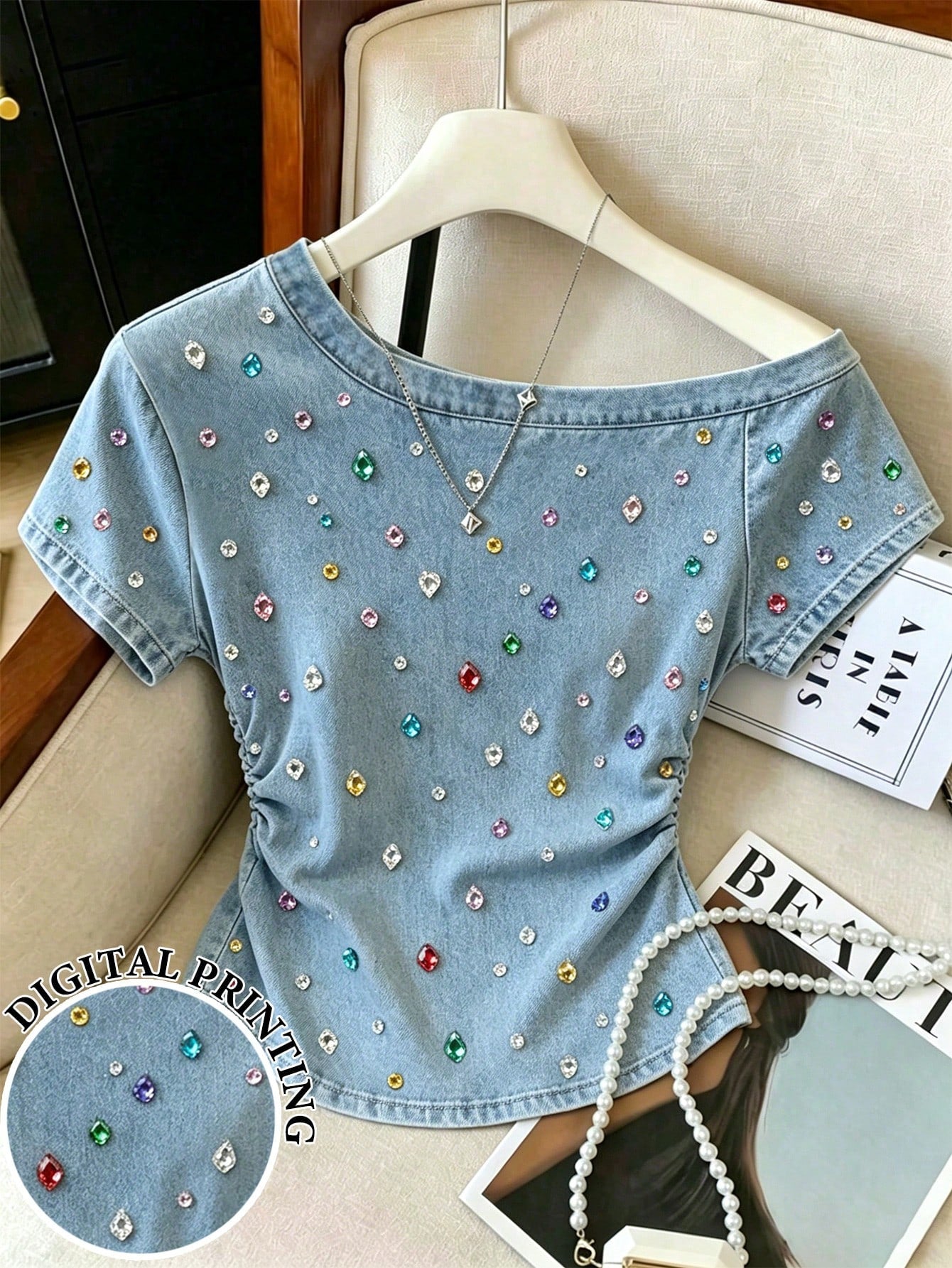 Resyla Women's Slim Fit T-Shirt Rhinestone Pattern Side Waist Shirring