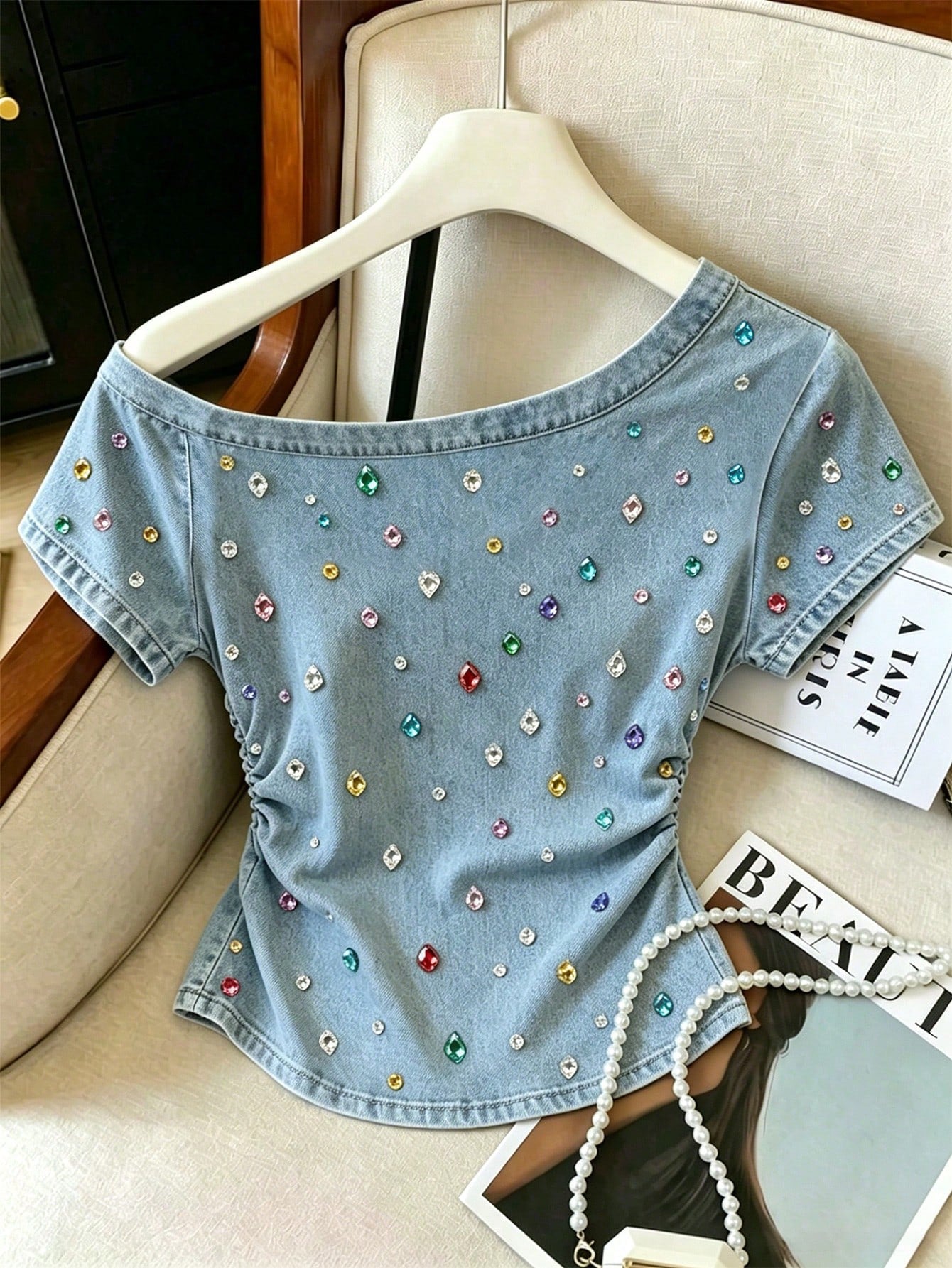 Resyla Women's Slim Fit T-Shirt Rhinestone Pattern Side Waist Shirring