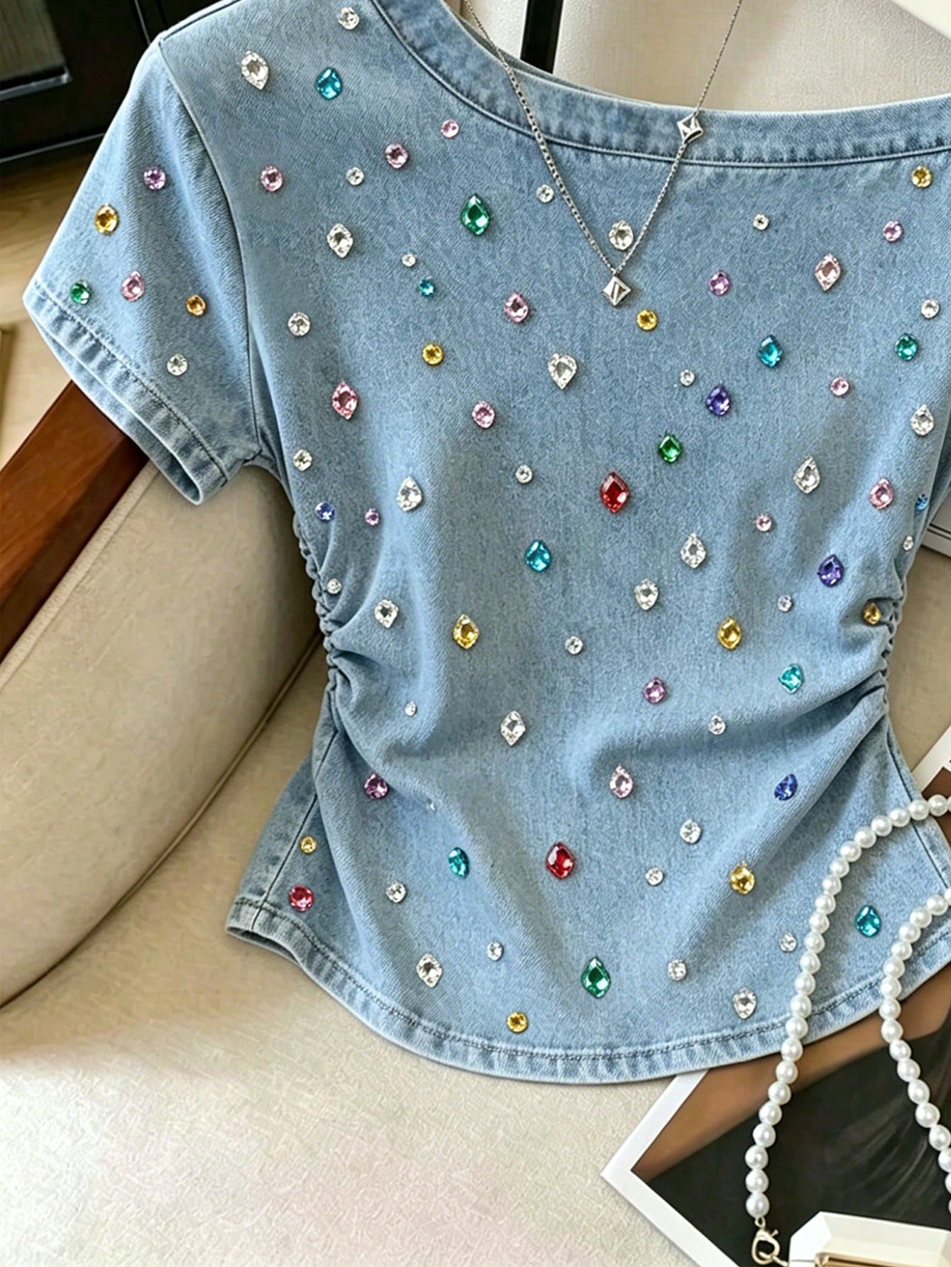 Resyla Women's Slim Fit T-Shirt Rhinestone Pattern Side Waist Shirring