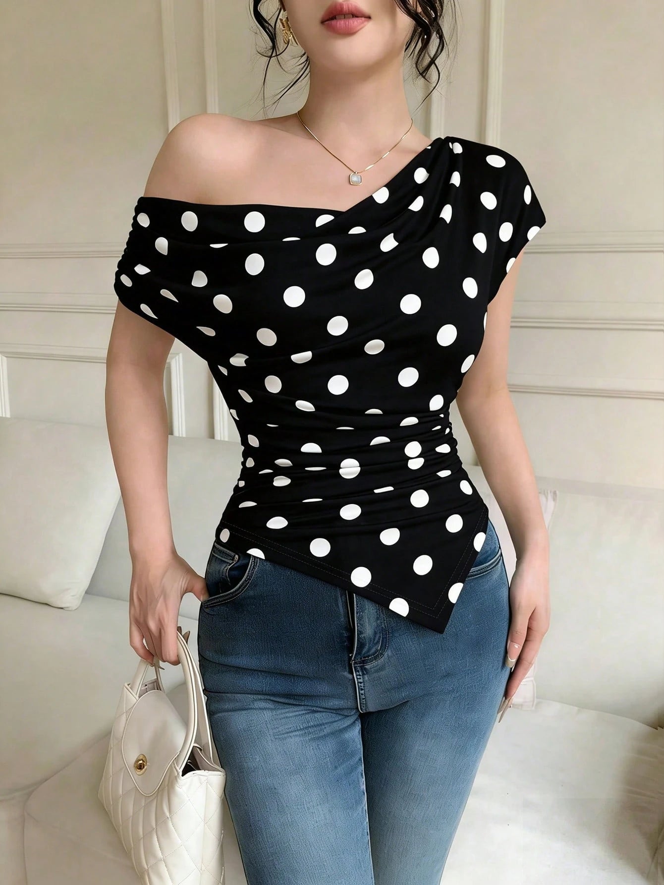 Women's Elegant Polka Dot Asymmetric Neck Cinched T-Shirt