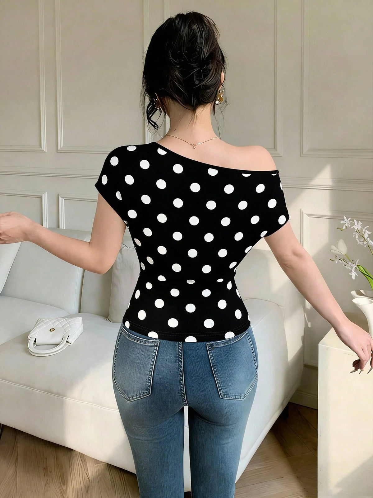 Women's Elegant Polka Dot Asymmetric Neck Cinched T-Shirt