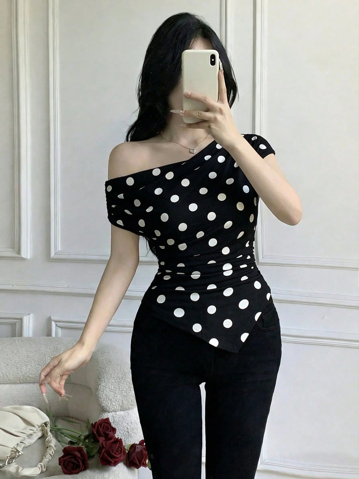 Women's Elegant Polka Dot Asymmetric Neck Cinched T-Shirt
